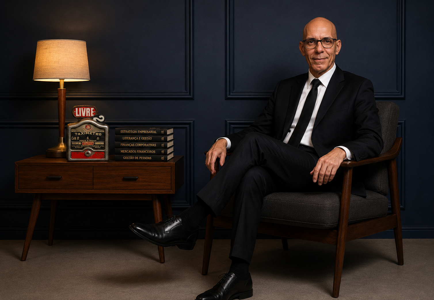 Hildo Braga em retrato editorial sentado em poltrona